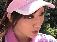 Skinny Japanese teen risks uncensored blowjob on older guy's cock at golf lesson! 😏💦