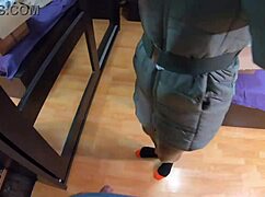 curvy milf calla covers her shiny puffy jacket in loads of hot cum