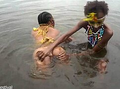 Two Big Tits Black Lesbians Bathe Nude Village River Outdoors