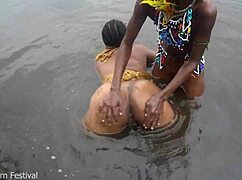 Two Big Tits Black Lesbians Bathe Nude Village River Outdoors