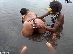 Two Big Tits Black Lesbians Bathe Nude Village River Outdoors