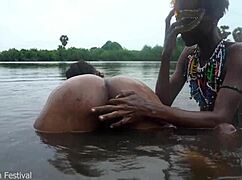 Two Big Tits Black Lesbians Bathe Nude Village River Outdoors