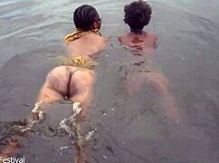 Two Big Tits Black Lesbians Bathe Nude Village River Outdoors