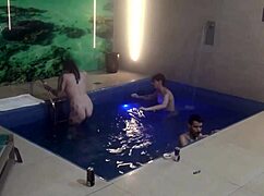 Friends dive into motel pool threesome bareback action part two