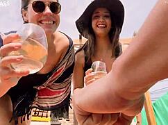 Big Ass Slave April and Belle Amore Drink Endless Yellow Pee on Balcony in BDSM Humiliation