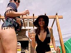 Big Ass Slave April and Belle Amore Drink Endless Yellow Pee on Balcony in BDSM Humiliation