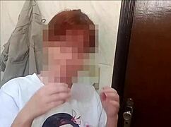 Redhead teen catches cousin jerking off in shower and spreads for him.