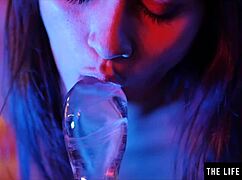 Petite Brunette Fucks Tight Asshole with Massive Ice Dildo Closeup