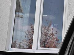 taxi driver spies naked milf in stockings washing windows without panties