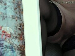 taxi driver spies naked milf in stockings washing windows without panties