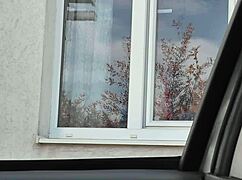 taxi driver spies naked milf in stockings washing windows without panties