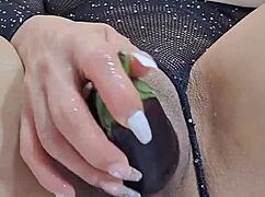 Sexy Latina Fingers Pussy and Fucks with Big Eggplant Solo