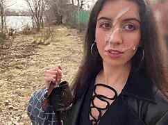 Imagine cum covered teen walks park with facial dripping from public blowjob and ass licking