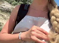 cute college blonde strips naked in jungle flashing big natural tits and ass