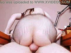 who squats reverse cowgirl on huge cock then pushes out massive creampie?