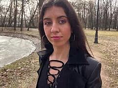 Imagine cum covered teen walks park with facial dripping from public blowjob and ass licking