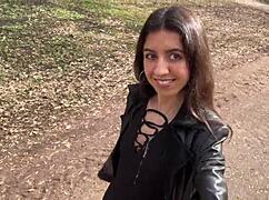 Imagine cum covered teen walks park with facial dripping from public blowjob and ass licking