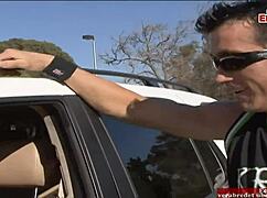 oh man that brunette milf slut with huge fake tits sucks my monster cock on street pickup