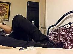 discover this homemade euro girl rubbing in black leather pants gray satin shirt white panties