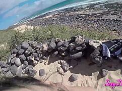 Sexy tanned Indian babe with big ass rides monster cock doggystyle on beach then cum on ass