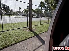 athletic tennis babe picked up, deepthroats monster cock then assfucked hard for cash