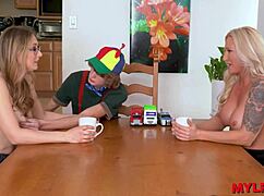 Stepmom and aunt double team brat boy with big tits in missionary group fuck fest