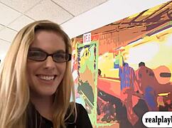 skinny blonde glasses babe pounded hard in cash threesome