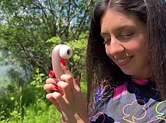 Petite slut squirts three times outdoors forest anal creampie toys rough doggystyle cum covered