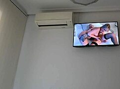 milf gets so wet watching her own lesbian porn she fingers shaved pussy hard pov