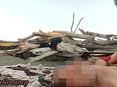 Misscreamy flashes nude beach public sucking monster cock cumshot in front of crowd groping pussy