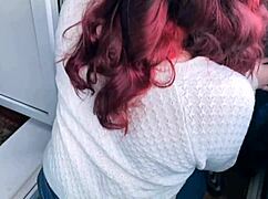 giving a sloppy public blowjob on balcony swallowing every drop