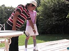 after golf this young bitch kneels outdoor sucking old men's big clits cocks deep cum in mouth