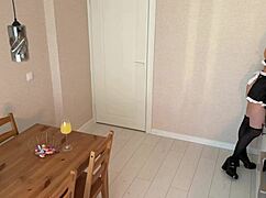 shocked by housekeeper's wild dildo kitchen table orgasm