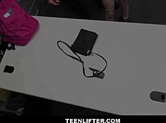 Tiny Tattooed Blonde Teen Shoplifter Strips for Big Cock Search!