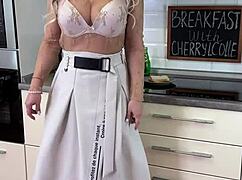 curvy mature cherrylcolle serves breakfast in see-through lingerie heels and stockings for spanking tease