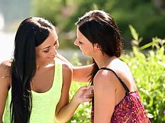 What if skinny brunettes fingered outdoors in lingerie heels kissing passionately?