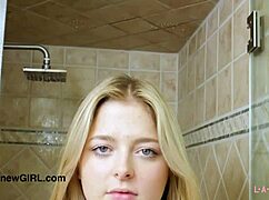 cute blonde teen 18+ hops in shower after casting interview photoshoot