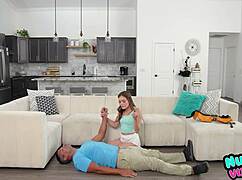 Stepdad pumps thick creampie deep into family girl pussy