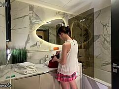 Nerdy Coed's Long Legs in Pink Skirt Panties Tease