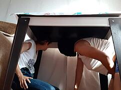 I sneak under the table from stepparents, fingering myself with my hot lesbian illusion girl!