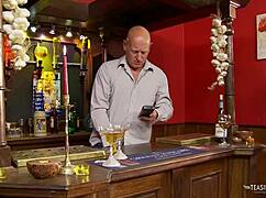 with no one left in the bar the lusty brunette like sucks off that horny bartender so deep