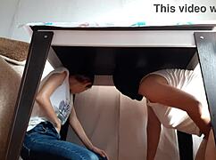 I sneak under the table from stepparents, fingering myself with my hot lesbian illusion girl!