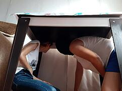 I sneak under the table from stepparents, fingering myself with my hot lesbian illusion girl!