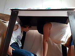 I sneak under the table from stepparents, fingering myself with my hot lesbian illusion girl!