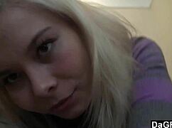 lovely blonde undresses on sofa revealing her perfect body in solo striptease