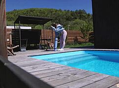 hot neighbor spies my morning poolside yoga leggings workout then joins for rough doggystyle creampie quickie