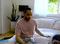 stunning tattooed blonde bends over bed for sideways thick cock pounding cum on bush