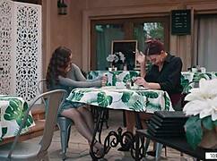 Busty Shemale Emma Rose Fucks College GF in Public Cafe!