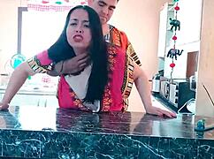 Indian stepmom rides stepson's monster cock rough doggystyle in kitchen.