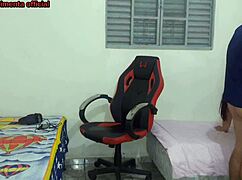 curvy brazilian meia-irma swaps near bro then rides his cock on gamer chair moaning.